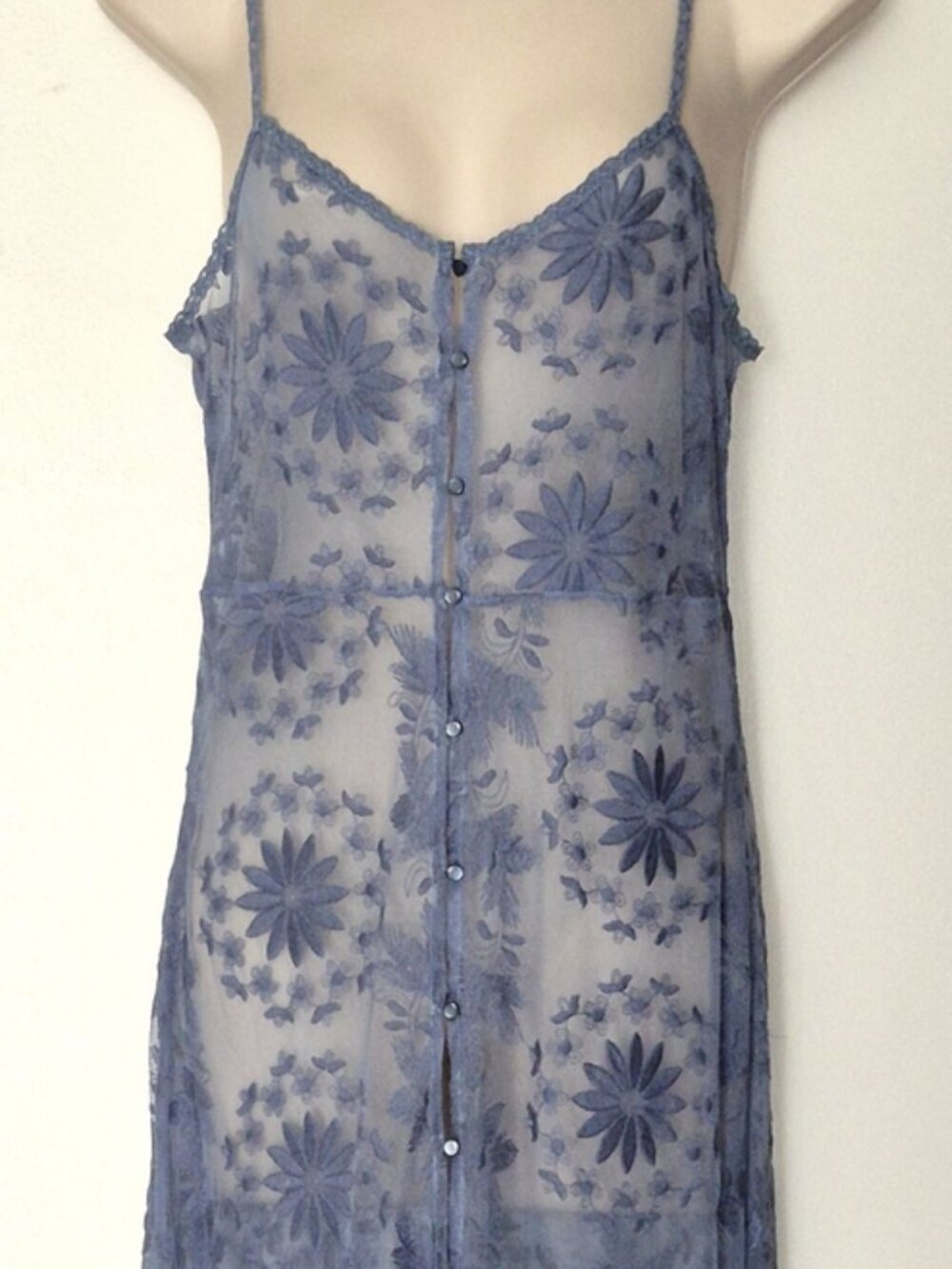 Free People Intimately Sheer Floral Lace Maxi Duster Slip Dress Blue Size M Rare - Picture 2 of 10